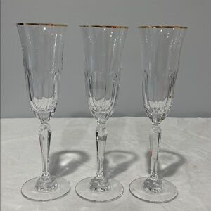 Rogaska Aulide gold rim crystal champagne flutes set of 3